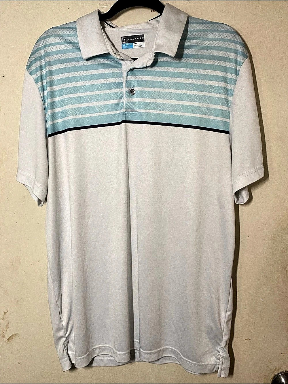 PGA Tour Striped Polo in White & Blue